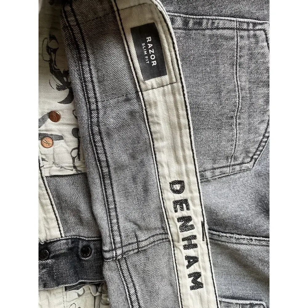 Denham Razor Slim Fit Grey Distressed Jeans Button Fly Mens 36x31